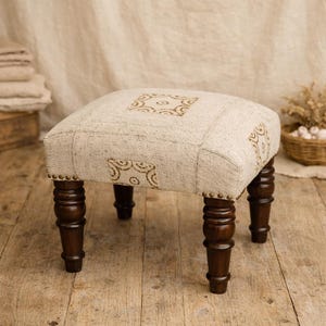 Tile Block‑Printed Artisan Upholstered Stool – Handcrafted Cotton + Solid Wood Accent Seat