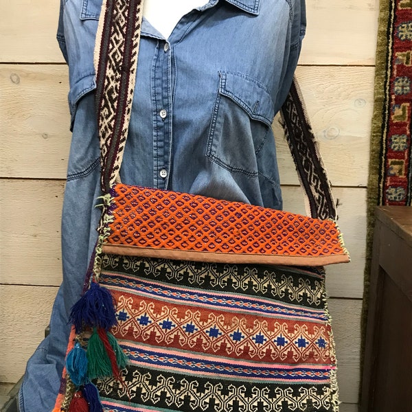 Vintage Kilim Crossbody Bag | Wool Tribal Messenger Bag, Purse or Satchel with Antique Woven Belt Strap from India
