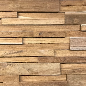 May include: Close-up of a wall panel made of rectangular wooden planks. The planks are arranged horizontally in a staggered pattern, creating a textured surface. The wood tones vary from light to medium brown, with visible grain and knots.