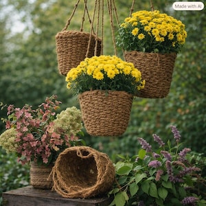 May include: Three hanging planters made of thick, braided brown rope, with two containing bright yellow chrysanthemum flowers. An additional empty rope planter sits on a wooden surface next to a pink hydrangea and a purple lilac bush.
