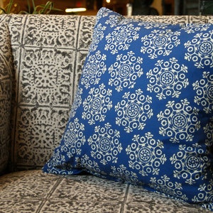 Royal Blue Block Printed Pillow Cover | 100% Cotton Throw Pillow Cover 16 in and 20 in square
