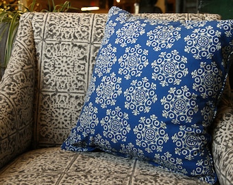 Royal Blue Block Printed Pillow Cover | 100% Cotton Cushion