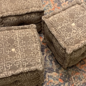Hand Block Printed Dark Tan & Natural Cotton Pouf