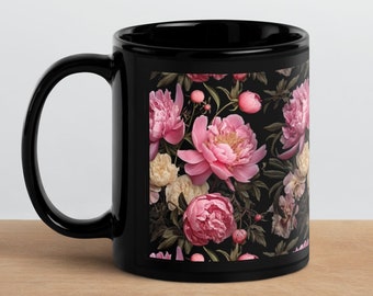 Blumendruck Keramik Kaffeetasse, Botanischer Blumenbecher, Gepresste Blumen Teebecher, Naturliebhaber Geschenk, Rosa Pfingstrosen Druck, Blumen Wohnkultur