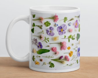 Ceramic Floral Mug with Botanical Design, Pressed Flowers Coffee Cup, Flower Print Tea Mug, Floral Home Decor, Flower Gift for Her