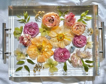 Geconserveerde bloemen in hars dienblad zilveren handgrepen, bewaarblad bruiloft boeket, decor bruiloft bloem kunst, bloemen bruiloft cadeau bloemenblad