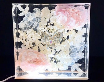 Luz de noche de recuerdo personalizada, preservación de flores para bodas, preservación de ramos, preservación de ramos de boda en luz de noche de resina, arte conmemorativo