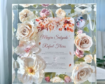 Wedding Invitation Art with Preserved Bouquet in Resin, Wedding Flower Preservation, Preserved Flowers Art, Bouquet Preservation 10" Block