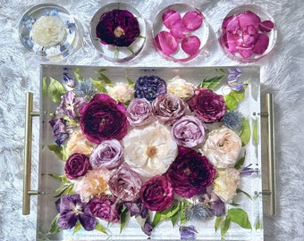 Preserved Wedding Flower Tray & Coaster Set, Wedding Bouquet Preservation, Wedding Souvenirs Keepsake Coasters, Wedding Gifts, Bridal Gifts