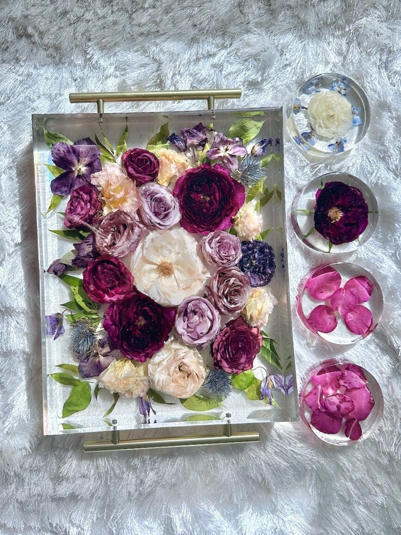 Preserved Wedding Flower Tray & Coaster Set, Wedding Bouquet Preservation, Wedding Souvenirs Keepsake Coasters, Wedding Gifts, Bridal Gifts image 2