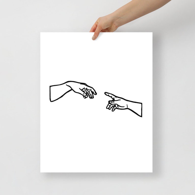 Minimalist Line Art Print, Creation of Adam and God Hands Line Drawing, Hands Touching Minimalist Wall Poster, Modern Wall Print 8x10 16x20 image 1