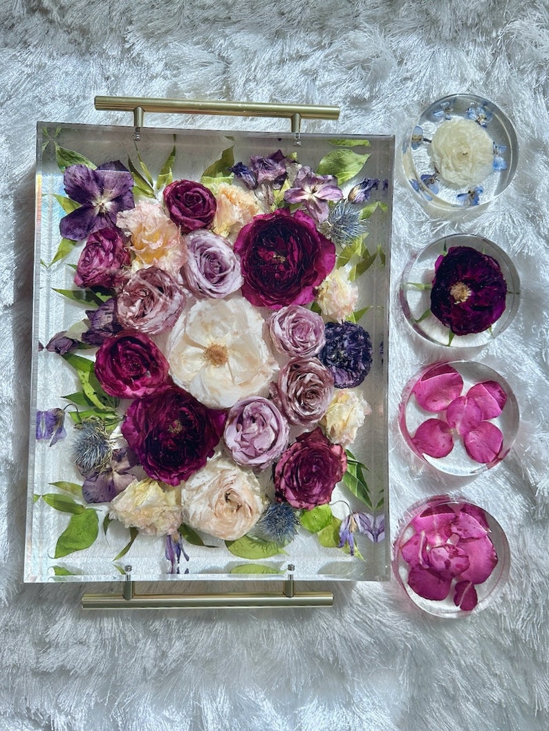 Preserved Wedding Flower Tray & Coaster Set, Wedding Bouquet Preservation, Wedding Souvenirs Keepsake Coasters, Wedding Gifts, Bridal Gifts image 7