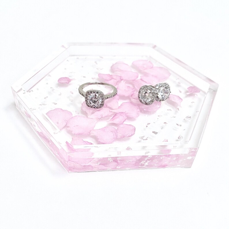 Pressed Flower Jewelry Dish Pink Flower Petal Resin Trinket Dish Hexagon Resin Flower Dish Flower Trinket Tray Silver Flower Ring Dish