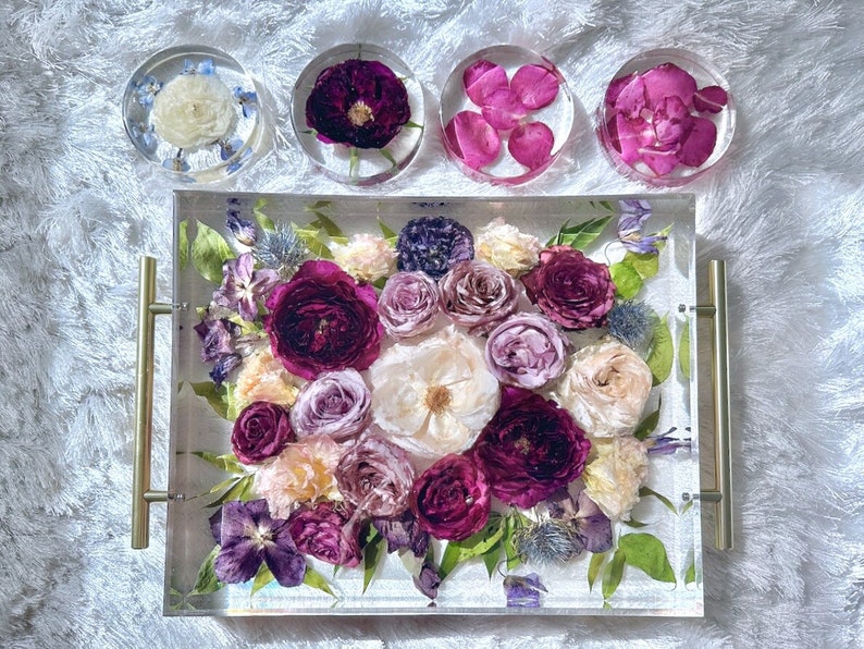 Preserved Wedding Flower Tray & Coaster Set, Wedding Bouquet Preservation, Wedding Souvenirs Keepsake Coasters, Wedding Gifts, Bridal Gifts image 1