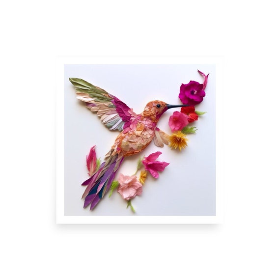 Bird Flowers Wall Art Print, Floral Home Decor, Pressed Flowers Wall Print,  Hummingbird Wall Art, Pink Flower Collage Art 