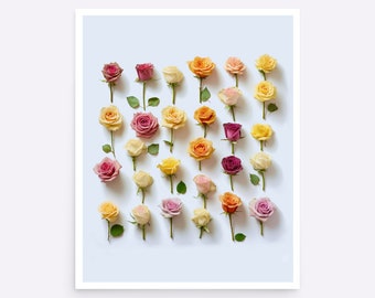 Roses Wall Print, Pressed Roses Wall Decor, Floral Home Decor, Rose Wall Art, Pink Spray Roses, Yellow and Orange Roses Flower Wall Poster