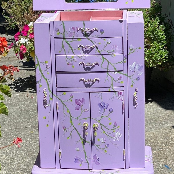 Out of Stock! Accept New Orders! Jewelry Armoire, Jewelry Organizer, Make -Up Storage, Original Hand Painted Colorful Magnolias, Jewelry Box