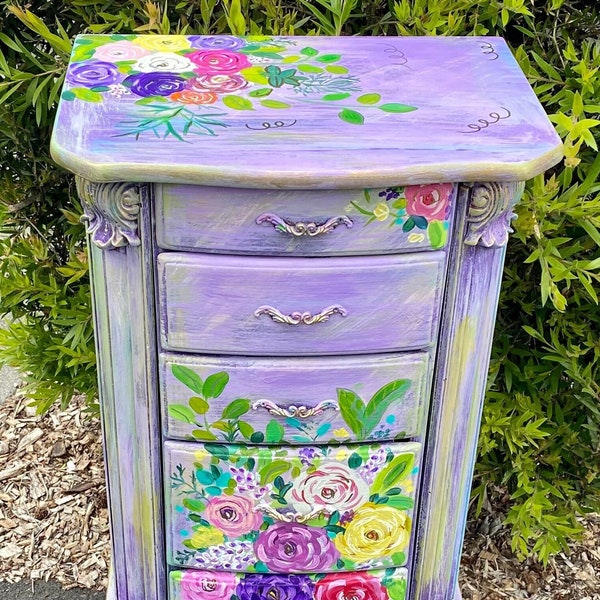 SOLDOUT! Out of Stock! Bouquet of Roses Jewelry Armoire, original hand Painting Jewelry Organizer,  Make-Up Storage, Shabby Chic Storage