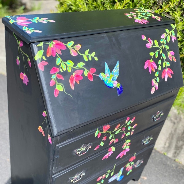 SOLD OUT! UNAVAILABLE! Shabby Chic Secretary Desk, Original- Hand Painting Colorful  Hummingbirds and Flowers, Organizer,  Desk, Dresser