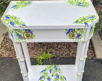 White Nightstand, Bombay Bedside table, Vintage Tall End Table, Hand Painted Fantasy Lilac Flowers on A unique Side Table