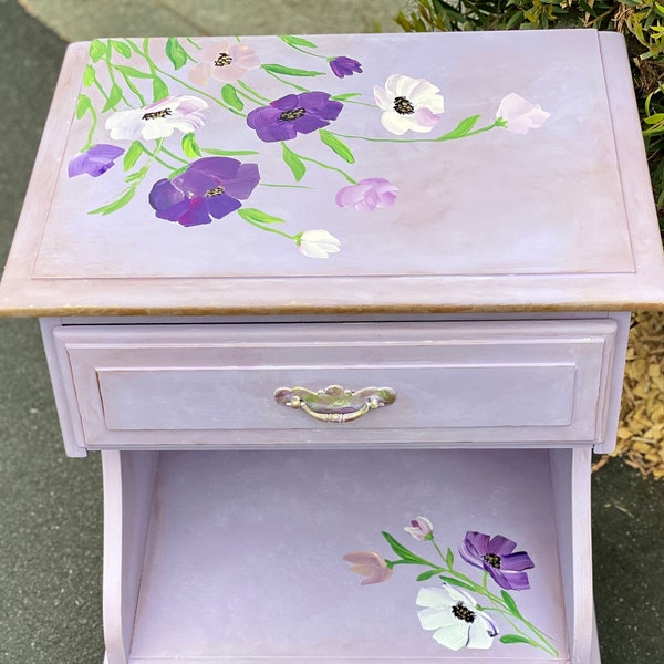 Sold out! Unavailable! Nightstand, Vintage Bedside Table , Shabby chic Bedside Storage, French Country End table, Original Painting Poppies