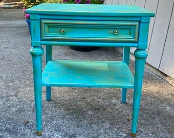 NOT 4 SALE! Antique Night Stand, Beach Lovers Furniture, Blue Green End table, NightStand With Drawer, French Country turquoise End Table