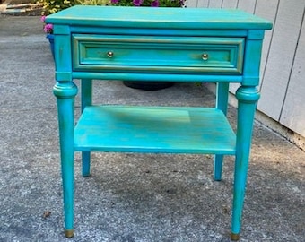 NOT 4 SALE! Antique Night Stand, Beach Lovers Furniture, Blue Green End table, NightStand With Drawer, French Country turquoise End Table