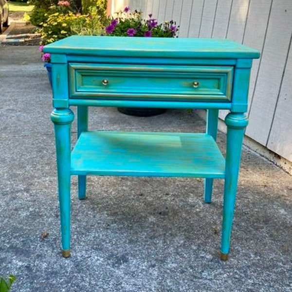 NOT 4 SALE! Antique Night Stand, Beach Lovers Furniture, Blue Green End table, NightStand With Drawer, French Country turquoise End Table