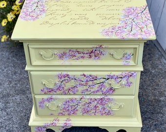 SOLDOUT! Vintage Nightstand, Bedside Table, Cherry Blossom Night Stand, French country Style Table, Shabby Chic Organizer Love Poem Dresser