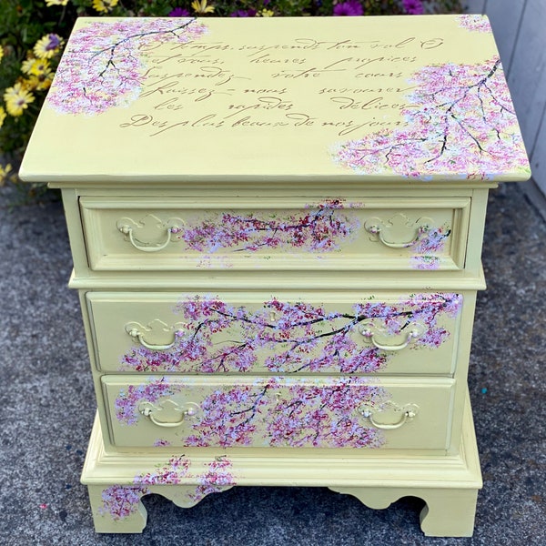 SOLDOUT! Vintage Nightstand, Bedside Table, Cherry Blossom Night Stand, French country Style Table, Shabby Chic Organizer Love Poem Dresser