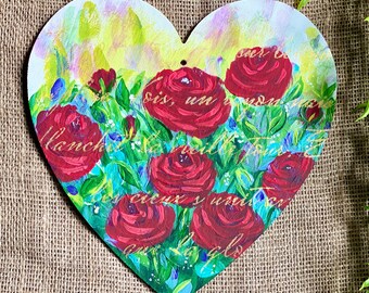 Love Poem Heart Valentine's Day Gift, Birthday Gift, Red Roses Wall Hanger, Hand-Painted Signs, Bridesmaid Gift, Bouquet of Roses