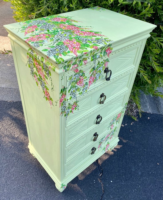 Sold out! Unavailable! Lingerie Chest, Antique Tall Dresser, Original Hand-Painting Florals, French Country Armoire, Shabby Chic Dresser