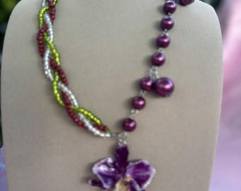 Handmade real orchid in resin necklace and earring set