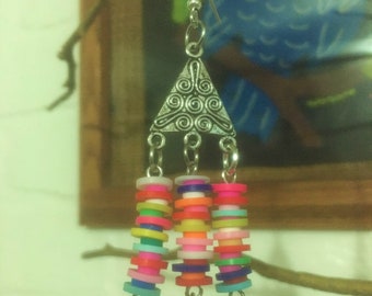Handmade Earrings with Colored Pucca Discs and Feathers