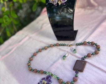 Handmade real orchid in resin necklace and earring set