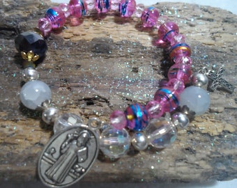 Rosary Memory Wire Bracelet with Pink Peak Abstract glass beads One Decennary
