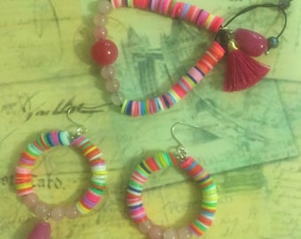 Handmade Pink Quartz and Colorful Pucca Discs bracelet and earrings