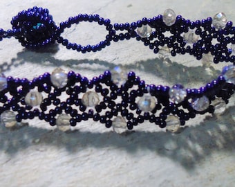 Handwoven Huichol Bracelet: Czech Glass Beads, Blue Crystals