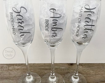 Wedding Glass Decal, Champagne Flute Decal, Bride Decal, Bridesmaid Decal, Name Decal, Permanent Vinyl Decal, Custom Decal