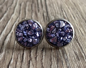 hypoallergenic purple earrings cold resin quebec cabochon earring crystals druzy Canada stainless steel frosted