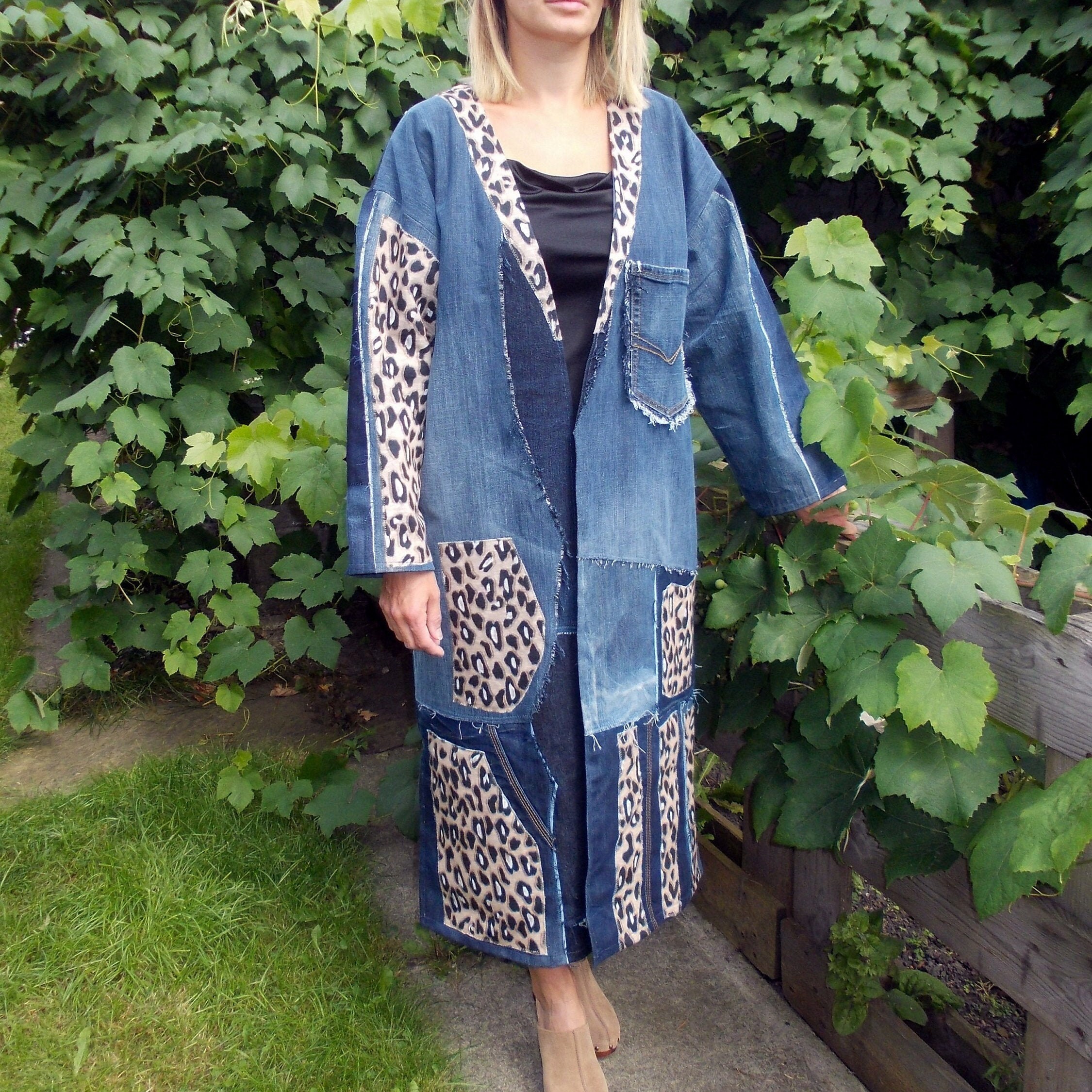 Image of Recycled Denim Coat, Ladies Recycled Jeans One Of A Kind, Handmade Unique Panther Coat