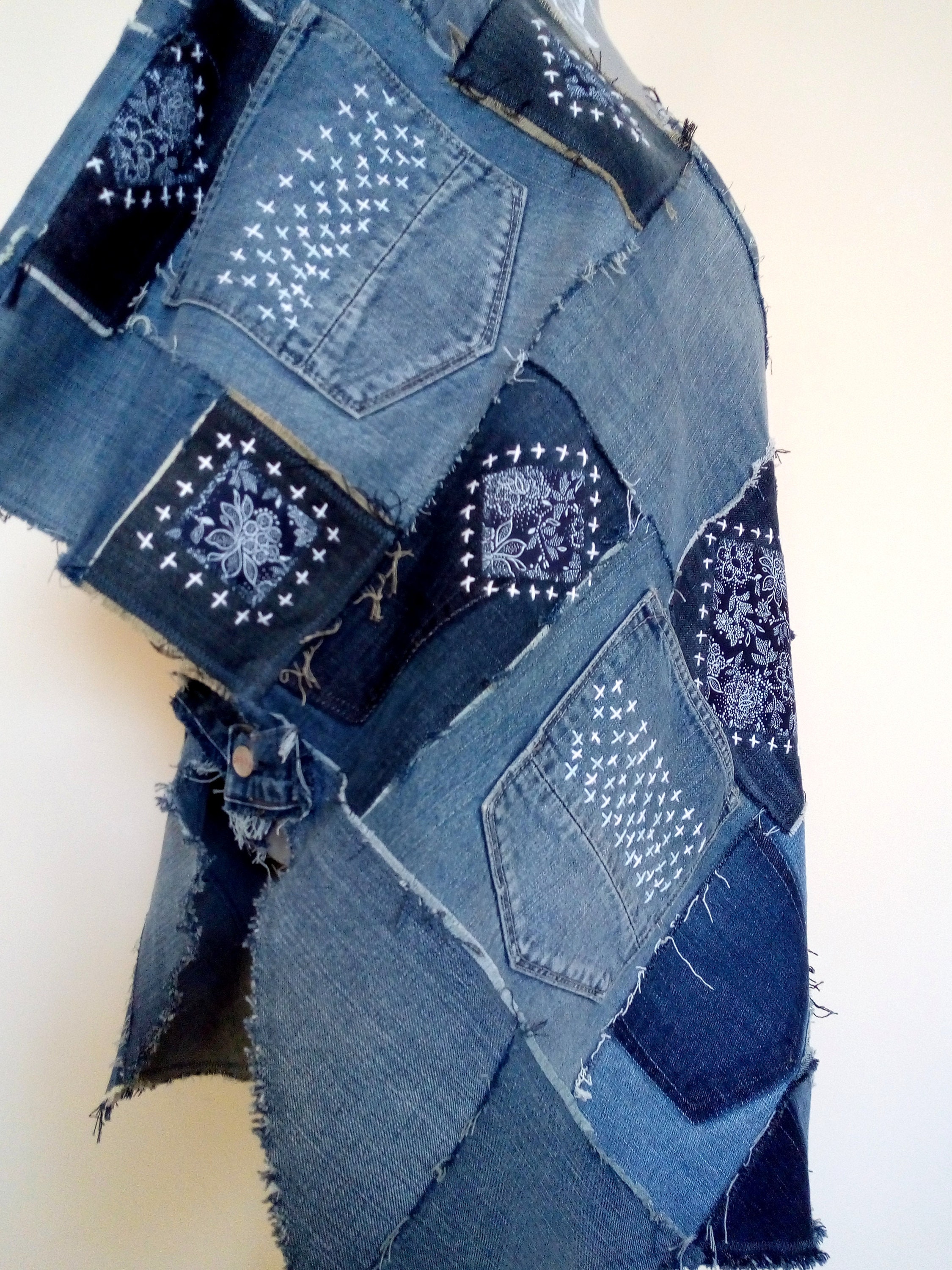 Upcycled women's denim patchwork poncho. Manually | Etsy