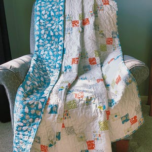 Handmade Patchwork Quilted Throw with Modern Fabrics, Bold Print Cotton Quilt (54" x 60")