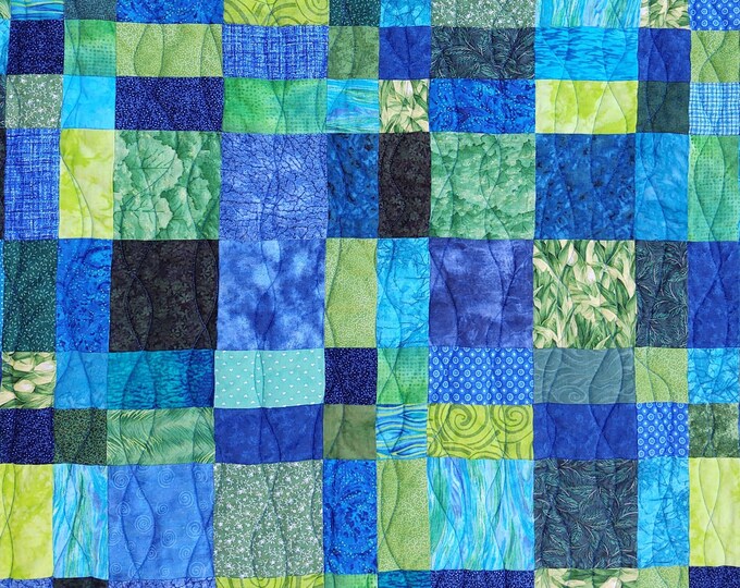 Handmade Quilt, Modern Patchwork Quilt, Blue and Green Quilt, 48 X 54