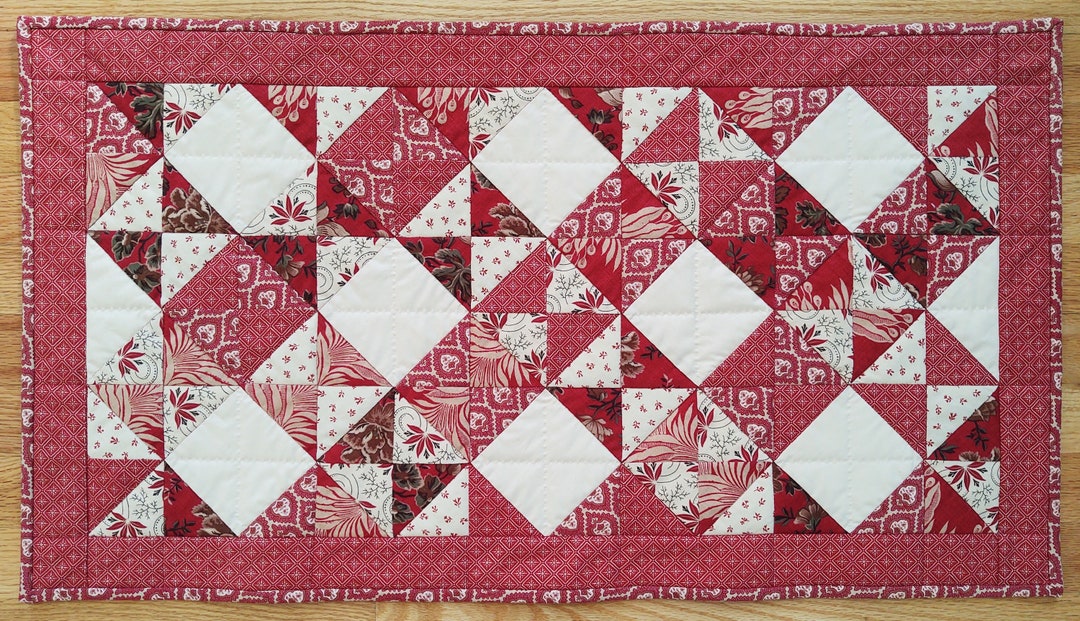 Red Patchwork Table Runner Hand-quilted Table Runner: Red French Print Cotton (18