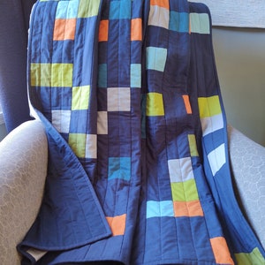 Modern Patchwork Quilt, Navy Green Orange Aqua Grey Quilt, Contemporary Decor, Ready to Ship, approx 51&quot; x 60, Quilted Throw for Dorm Room
