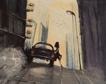 Original watercolor painting, cityscape street scene, beautiful woman, black car, wall decor, watercolor art