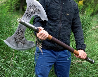 Viking Double Blade Axe | Hand-Forged Steel Axe | Celtic Leather Wrapped Handle | Medieval Style