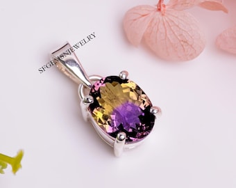 Beautiful Handmade Ametrine Quartz Necklace in 925 Sterling Silver Bio Color Ametrine Pendant for Women's