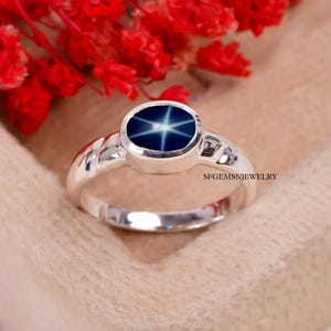 Genuine Star Sapphire Ring 925 Sterling Silver Blue Star Sapphire Ring Lindy Star Ring